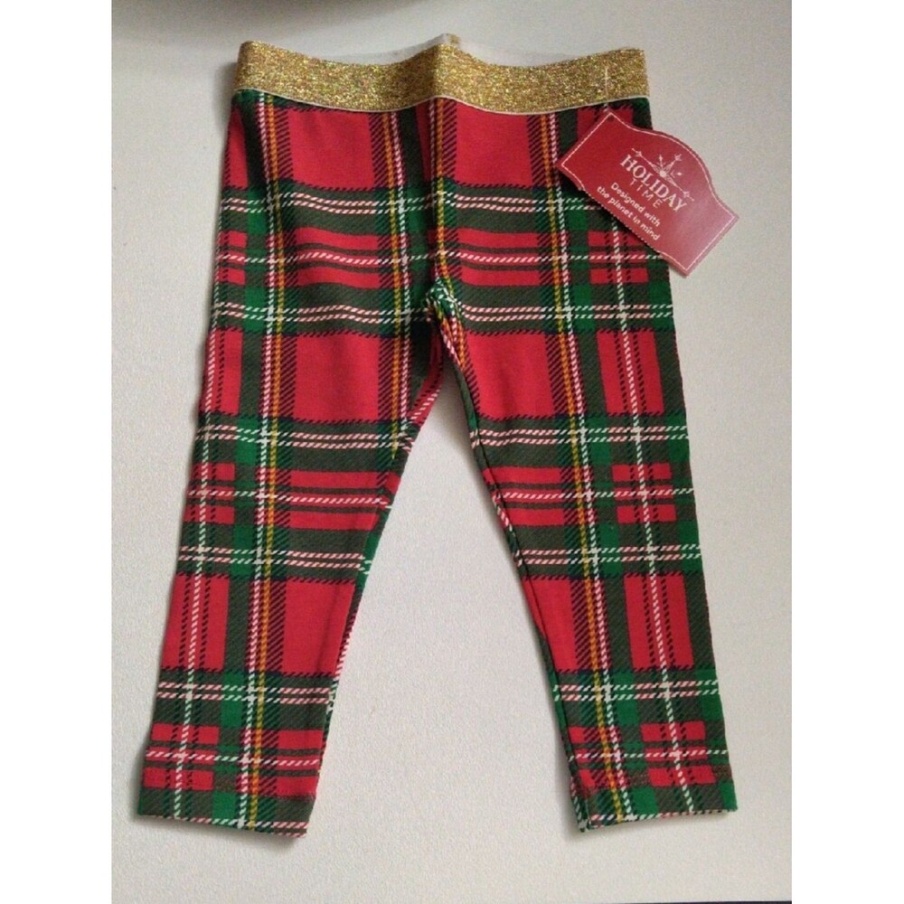 Holiday Time  Red and Green Plaid Leggings with Gold Waistband New Size 12M